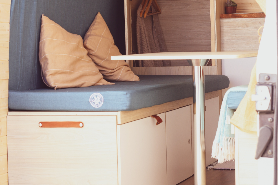 RV bench with hidden storage underneath