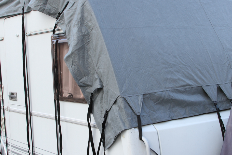 An RV stored for the winter