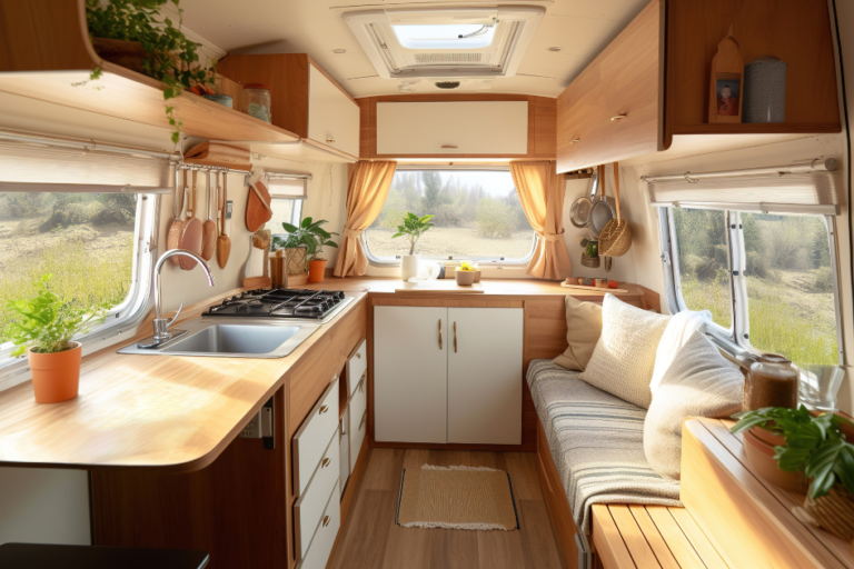 Beautifully organized RV interior with sunlight coming through