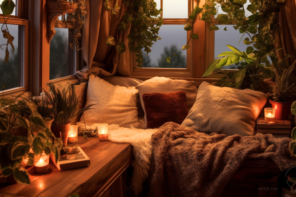 Cozy RV interior with candles and plants